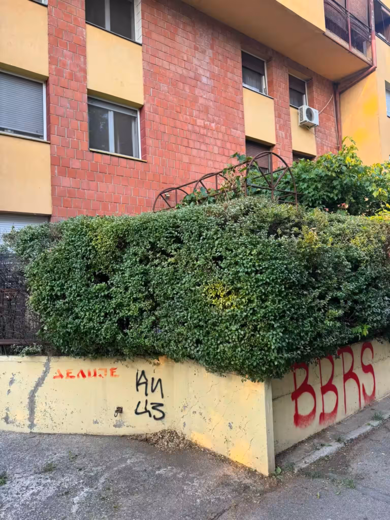 Pedantno ošišana živa ograda koja unosi red i svežinu u eksterijer zgrade.